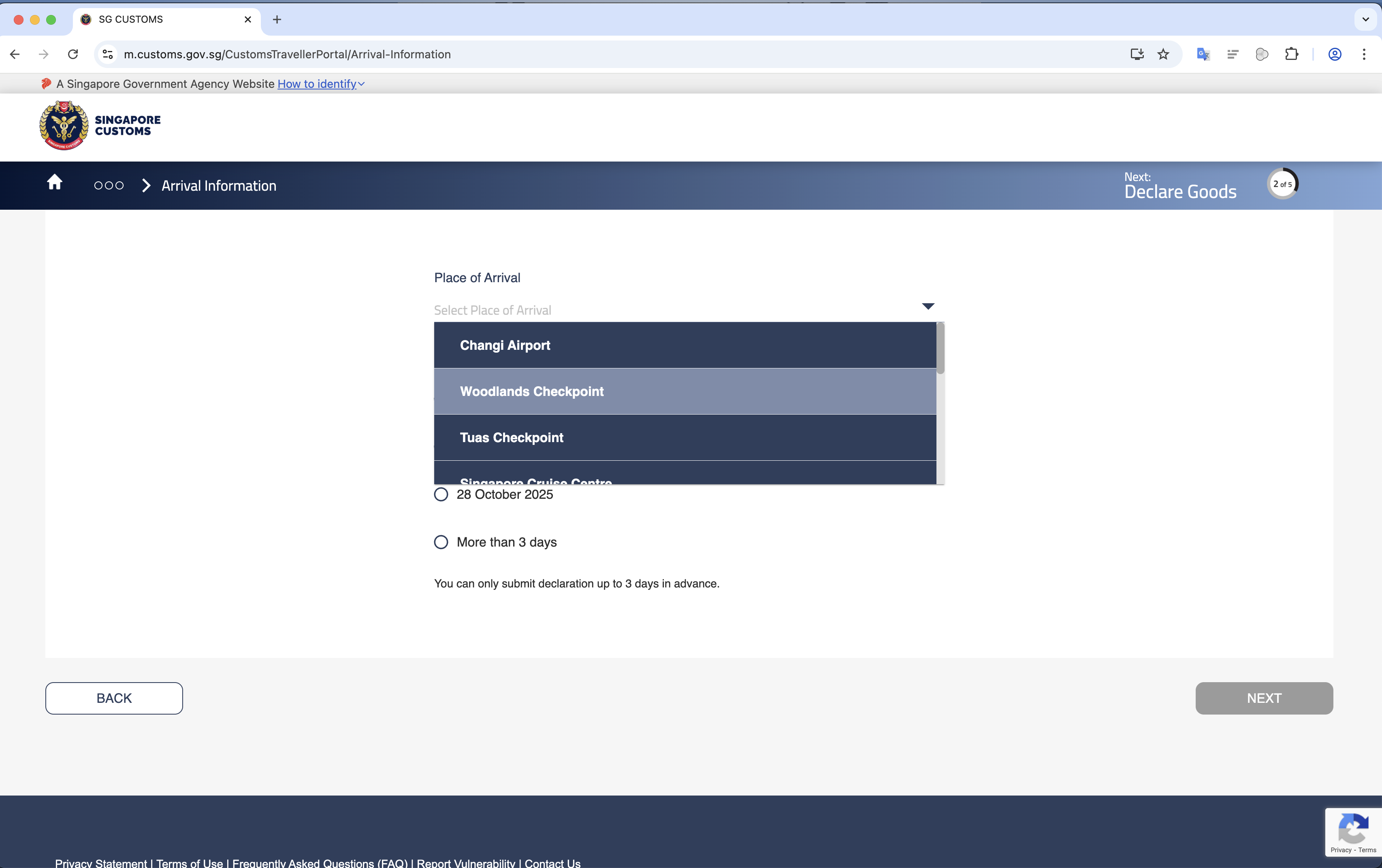 Customs app Arrival Information - select Woodlands Checkpoint