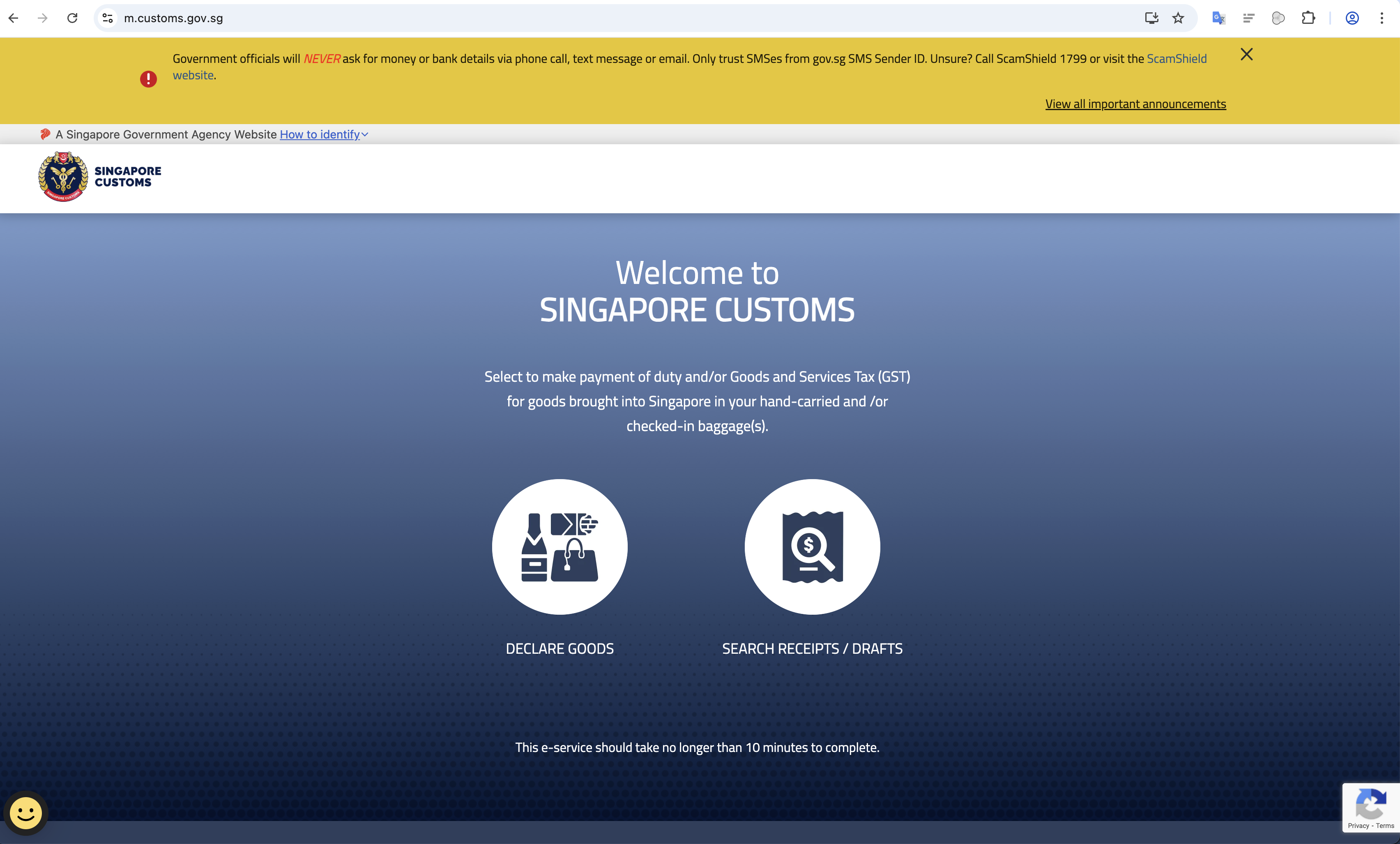 Customs app homepage - click DECLARE GOODS