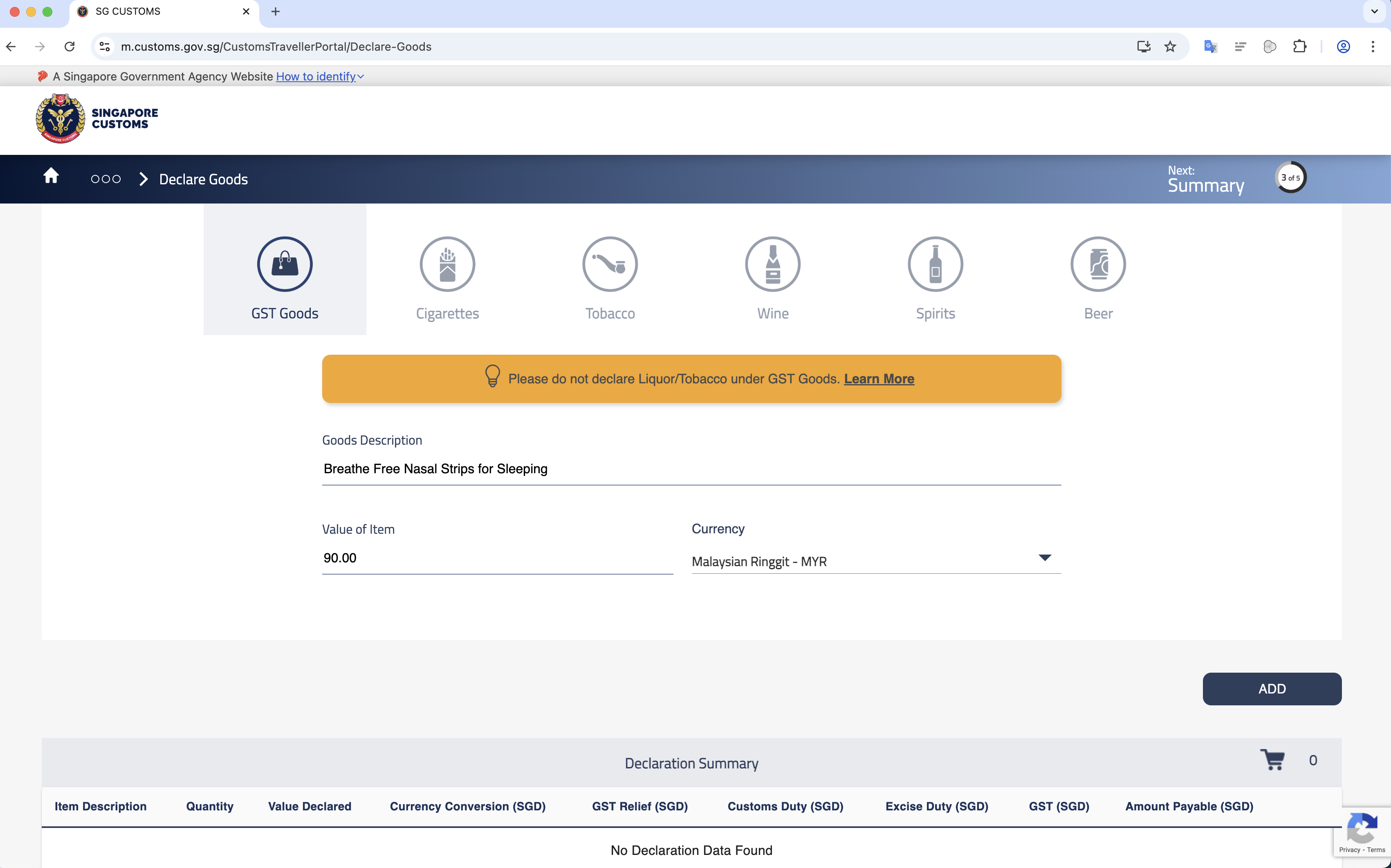 Customs app Declare Goods - enter item description and value in MYR