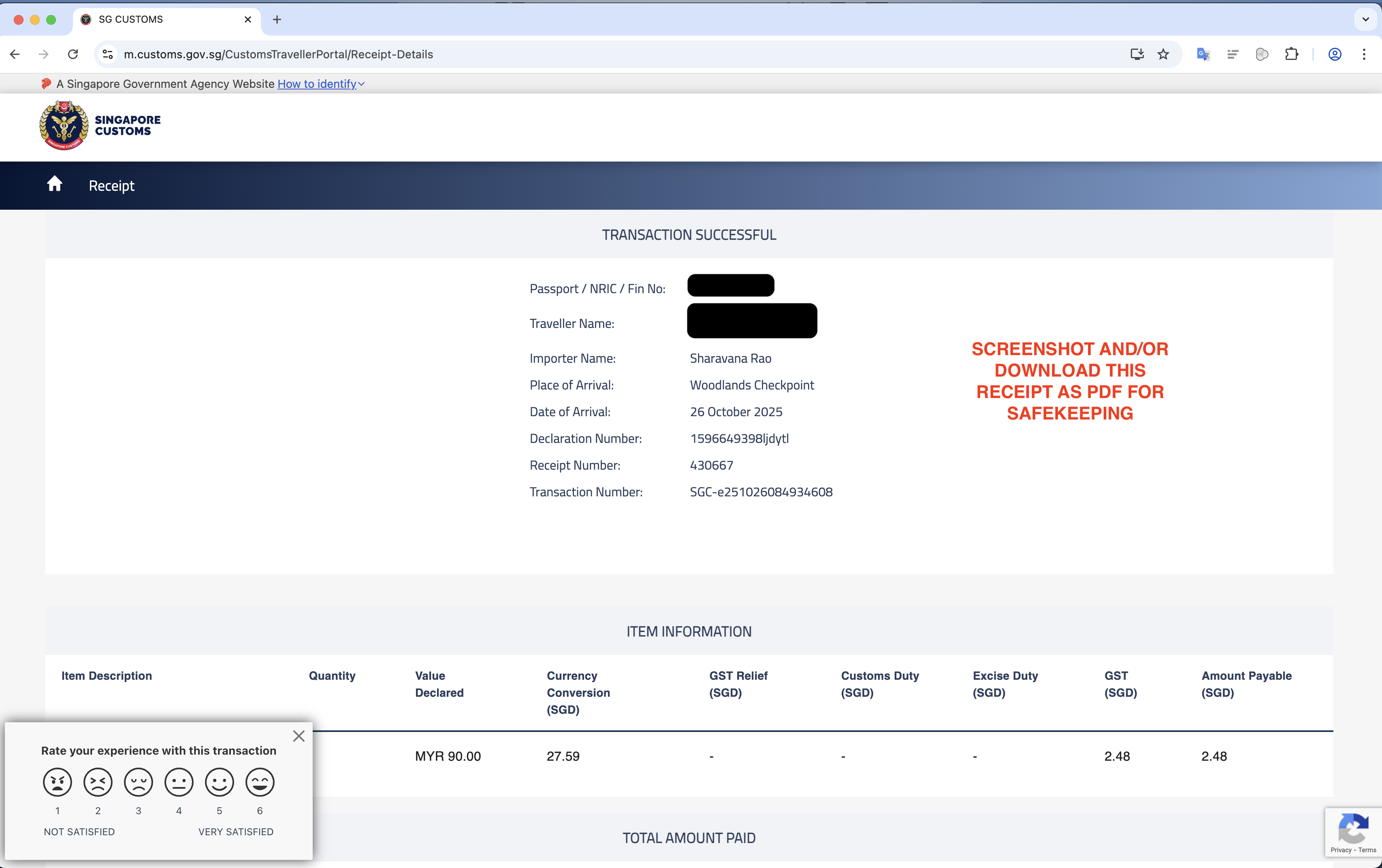 Customs app transaction successful receipt