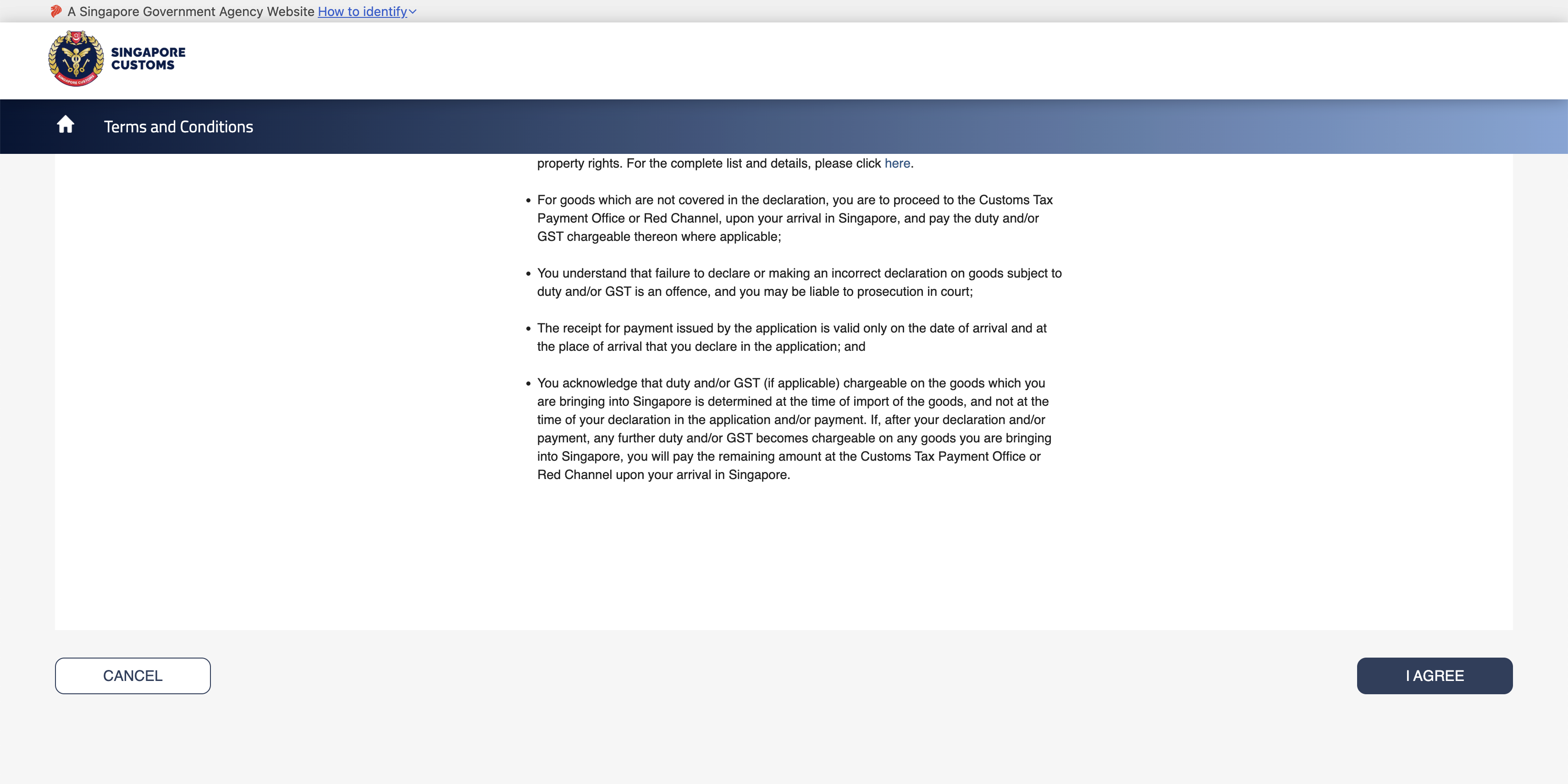 Customs app Terms & Conditions - click I AGREE