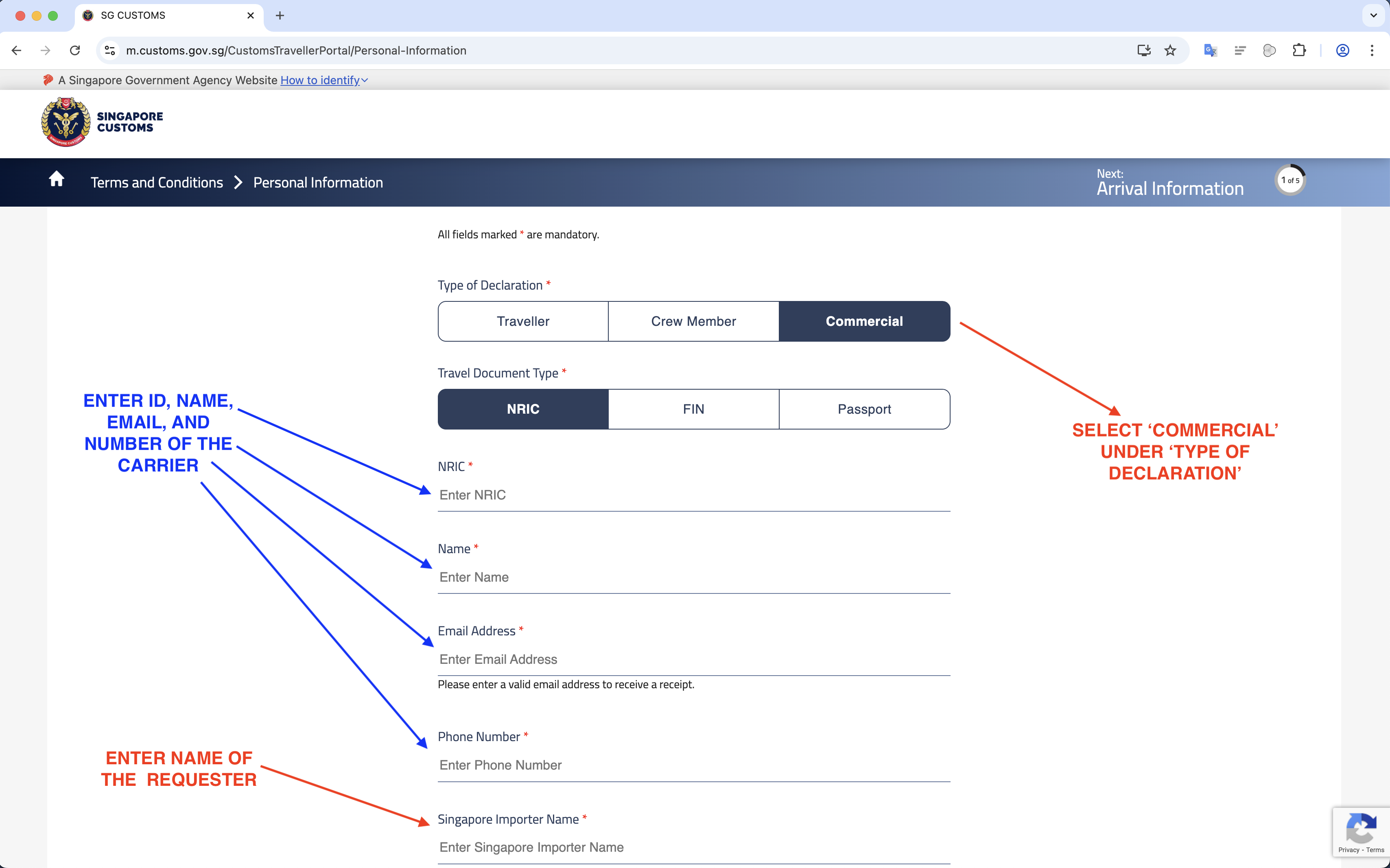 Customs app Personal Information page - select Commercial and enter Requester's name as Importer